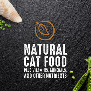 Natural cat food plus vitamins, minerals and other ingredients